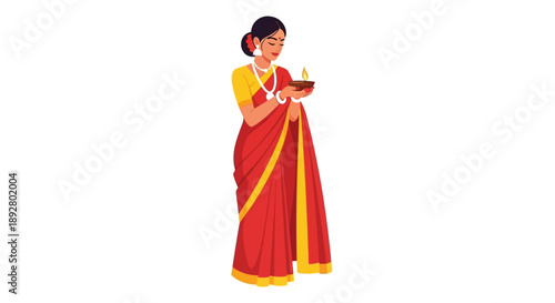 Illustration of a woman in traditional Indian attire holding a diya against a white background