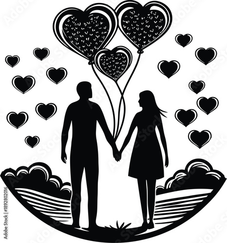 Elegant Valentine Silhouette Couple Illustration with Minimal Line Art Hearts Romantic Logo Style Vector Clipart