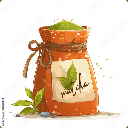 Vector illustration of matcha green tea powder in paper bag with label and leaves, isolated on white background