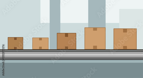 Cardboard Boxes on Conveyor Belt in Flat Vector Illustration