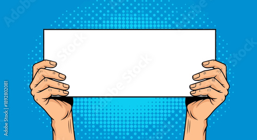 Cartoon hands holding a white sign against a blue halftone background