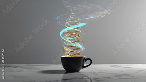 Steam rising from a black coffee cup in a spiral motion.