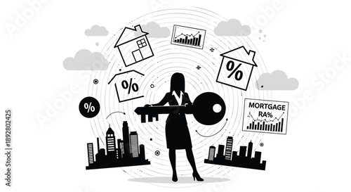 Businesswoman holding large key surrounded by financial symbols and cityscape in monochrome illustration