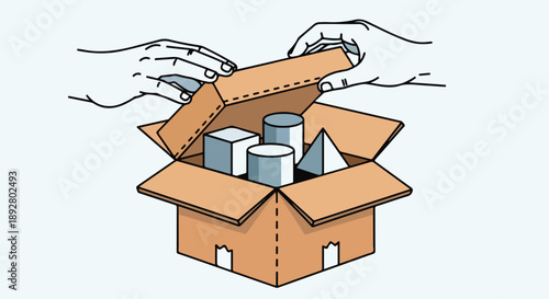 Hands Opening Cardboard Box with Geometric Shapes Inside Vector Illustration