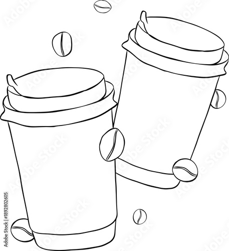 Flying Coffee paper cups with coffee and beans Cafe composition hand drawn illustration. Vector graphic line ink Black white art. Espresso, americano cup, cappuccino and latte in paper mug.