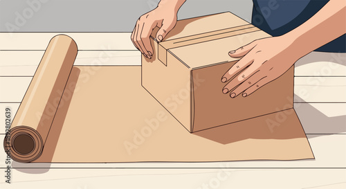 Hands Wrapping Brown Cardboard Box with Kraft Paper on Wooden Table