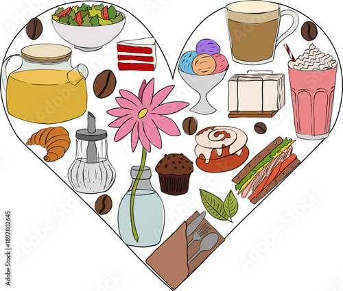 Cafe elements heart composition hand drawn illustration. Vector graphic line ink colored art. For poster, invitation, backdrop, ad, sale promotion, print for t-shirt
