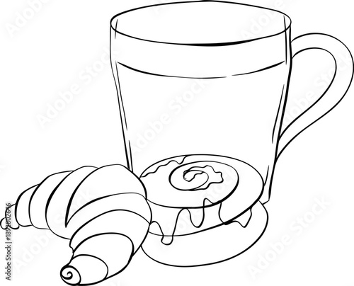 Coffee and Pastry Illustration Set, Espresso, Cappuccino, Latte, Mocha, Frappuccino, Croissant, Cinnamon Roll, Cafe composition hand drawn illustration. Vector graphic line ink Black white art.