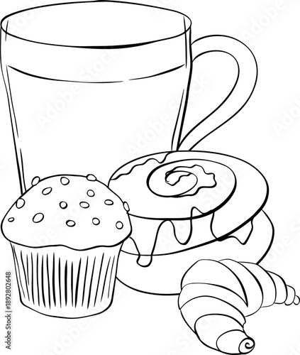 Tasty food and coffee. Cupcake, pie, cinnamon roll, bun, croissant, muffin, cookie Cafe composition hand drawn illustration. Vector graphic line ink Black white art.