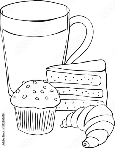 Coffee muffin cake croissant Cafe composition hand drawn illustration. Vector graphic line ink Black white art. Silhouette sign for logo, print, comics, fashion, pop art, boards, design, stickers,