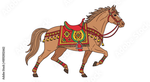 Illustration of a brown horse with colorful saddle and bridle on white background