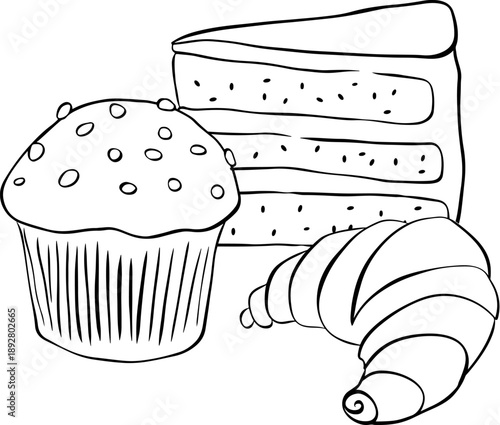 Danish Pastry and Dessert Illustration. Muffin cake croissant Cafe composition hand drawn illustration. Vector graphic line ink Black white art. Sample poster, invitation, holiday banner, postcard.