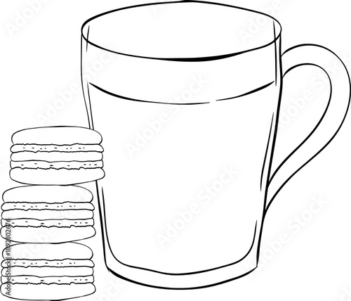 cup of coffee with macaron icon vector macaroons sign Cafe composition hand drawn illustration. Vector graphic line ink Black white art. Design for package, cosmetic, textile, cards.