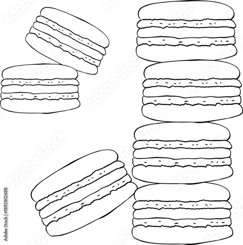A stack of Black white macarons, showcasing a variety of flavors and textures, arranged in a visually appealing tower. Cafe composition hand drawn illustration. Vector graphic line ink art.