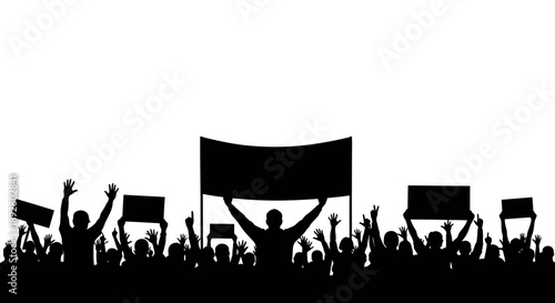 Silhouette of a crowd of people protesting with banners and raised fists against a white background.