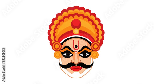 Vibrant illustration of a traditional Indian theatrical mask headshot with bold colors and ornate design against a clean white background.