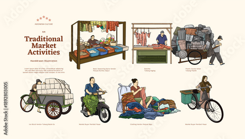 Isolated Javanese Market Activities Cultural Handdrawn Illustration