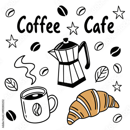 Cozy coffee and cafe doodle elements, including mugs, beans, and quotes, perfect for creating a warm and inviting atmosphere.