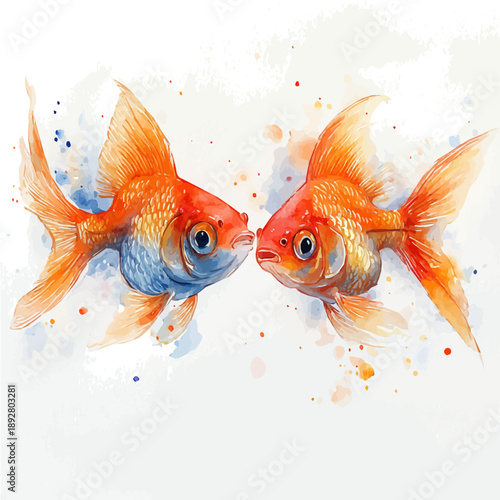 A Mother Guppy Fish With Her Kid, watercolor drawing vector, isolated on a white background.