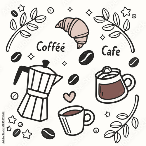 Charming set of coffee and cafe doodle elements, featuring mugs, beans, and encouraging quotes for a delightful ambiance.