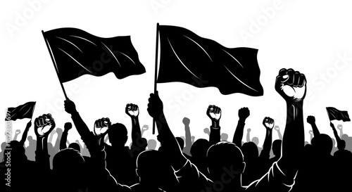 Silhouette of a crowd holding flags and fists up in protest or demonstration against a white background
