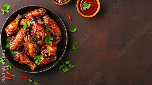Delicious glazed chicken wings served on a dark plate with fresh parsley and chili peppers