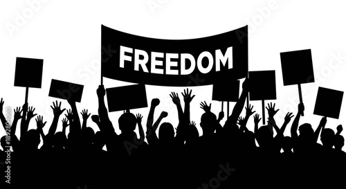 Silhouette of a crowd holding signs and a freedom banner in protest