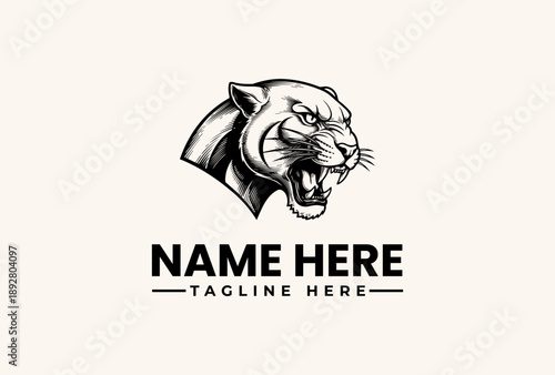 Black and white illustration of a roaring panther's head with a shield, accompanied by placeholder text on a clean background, in a vector logo design.