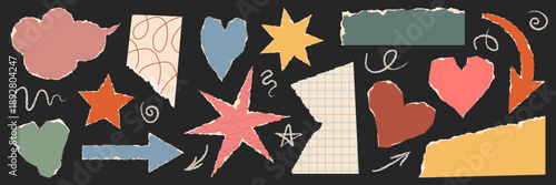 Torn paper scraps collection. Various elements cut out of craft paper for collage and scrapbooking: hearts, stars, arrows. Paper with torn edges. Trendy vector illustration