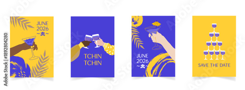 Cartes illustrées avec des mains tenant des verres à cocktail pour une invitation à un événement. Cocktails et verre de vin sur fond moderne en jaune et bleu