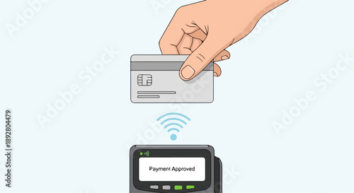 Hand Holding Credit Card Over Payment Terminal with Payment Approved Message