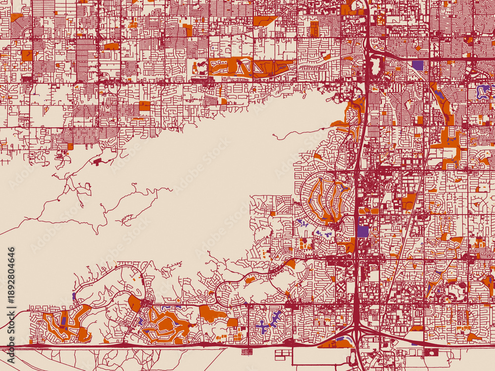 Naklejka premium City map of Ahwatukee Foothills, Arizona — warm ivory base with deep wine street grid, clay-orange areas and dusky purple waterways