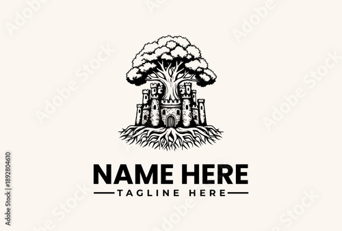 A black and white illustration of a castle with a mushroom cloud explosion, featuring a placeholder name and tagline on a beige background.
