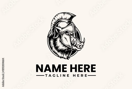 Black and white illustration of a rhinoceros head in a circular frame with text placeholder for a logo or icon on a beige background.