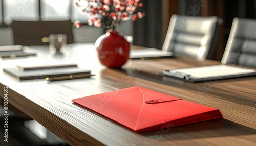 A red envelope on a wooden conference table with office supplies and a vase of flowers in a modern meeting room