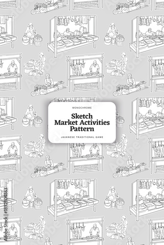 Market Activities Monochrome Pattern Outline Illustration
