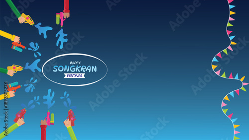 Flat Songkran Thailand Celebration Background Featuring Water Gun Sprays, Blue Splash Droplets, Curved White Label Badge, and Multicolor Party Flags for Flyer Poster