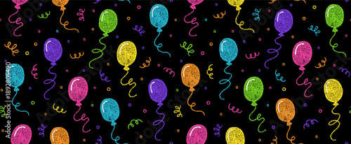 Crayon seamless pattern with balloons for Happy Birthday party decoration, wrapping paper or greeting card. Doodle balloons and confetti with chalk texture on black background, vector illustration