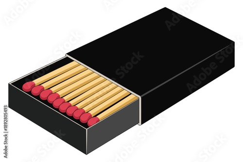 A black matchbox with red matches on a white background