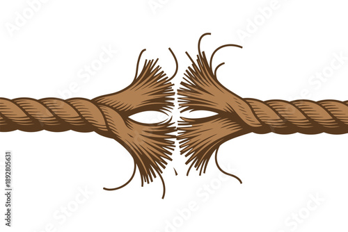 A brown rope with a broken strand on a white background