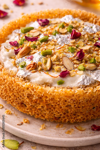 Indian ghewar honeycomb dessert, macro food photography, high detail full frame