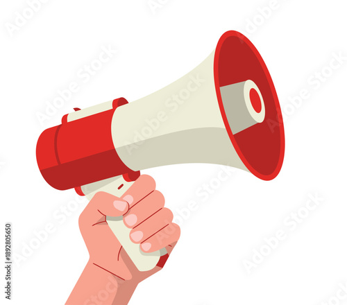 A hand holding a red and white megaphone against a plain background