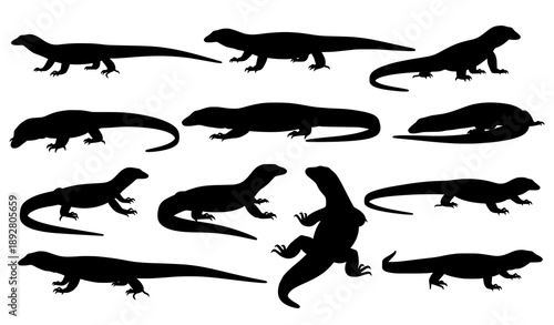Monitor lizard silhouette vector set realistic reptile poses