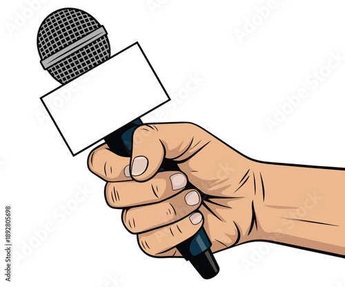 A hand holding a microphone with a blank white label attached