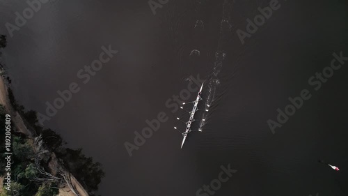 Wallpaper Mural Top view of rowers move smoothly through the water in a boat on a river during early morning hours Torontodigital.ca