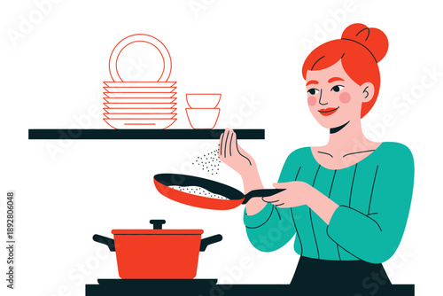 A cartoon woman cooking in a kitchen with a frying pan and pot