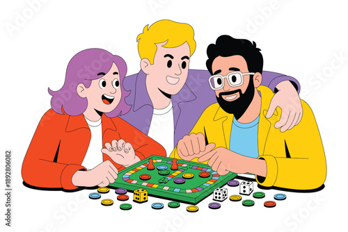 Three friends playing a board game together with dice and tokens