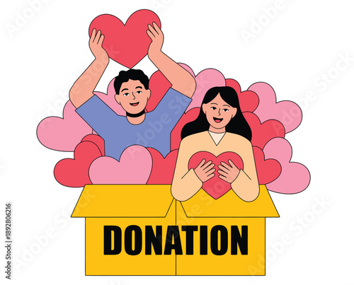 A cartoon illustration of a man and woman donating hearts from a box