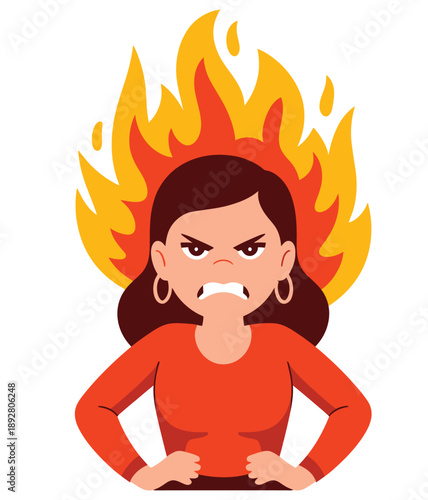 A cartoon illustration of an angry woman with flames around her head
