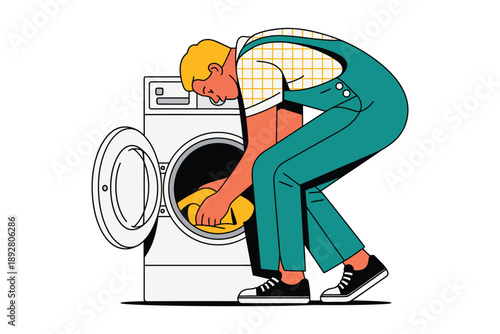 A cartoon man putting dirty laundry into a washing machine.